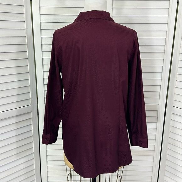 Chico's No Iron Tunic Shirt Size 1.5 (10) Jacquard Burgundy Long Sleeve - Picture 8 of 12